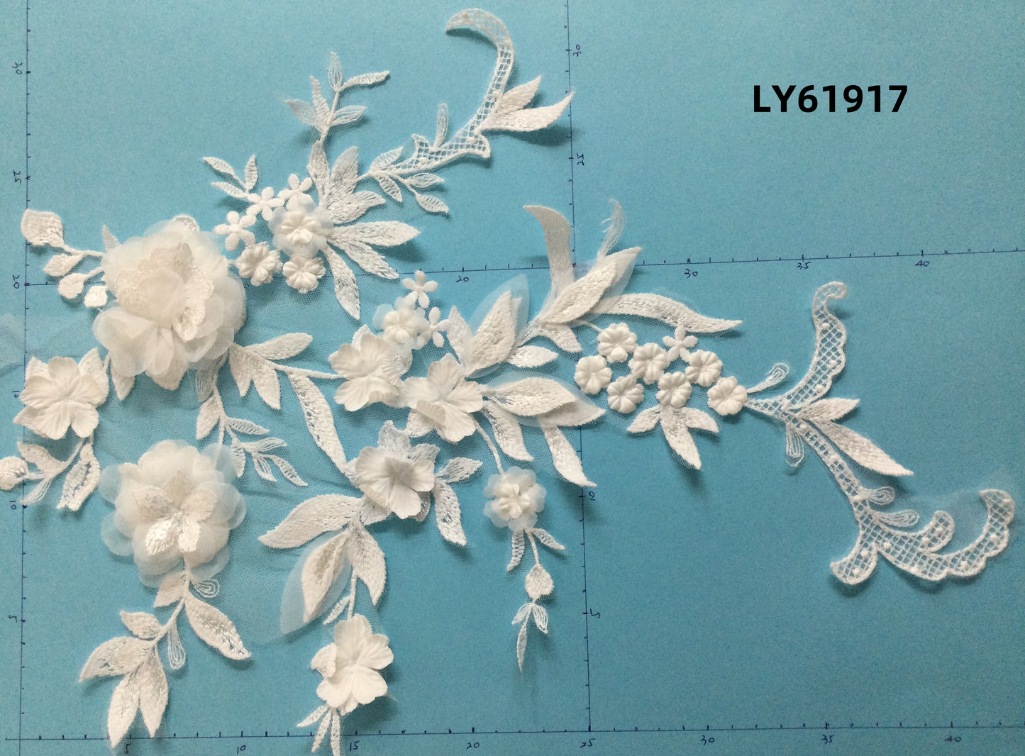 LY61917 3D Beaded Floral Lace Appliqué Pair | Symmetrical Puff Embroidery for Wedding Dress DIY | 45x35cm