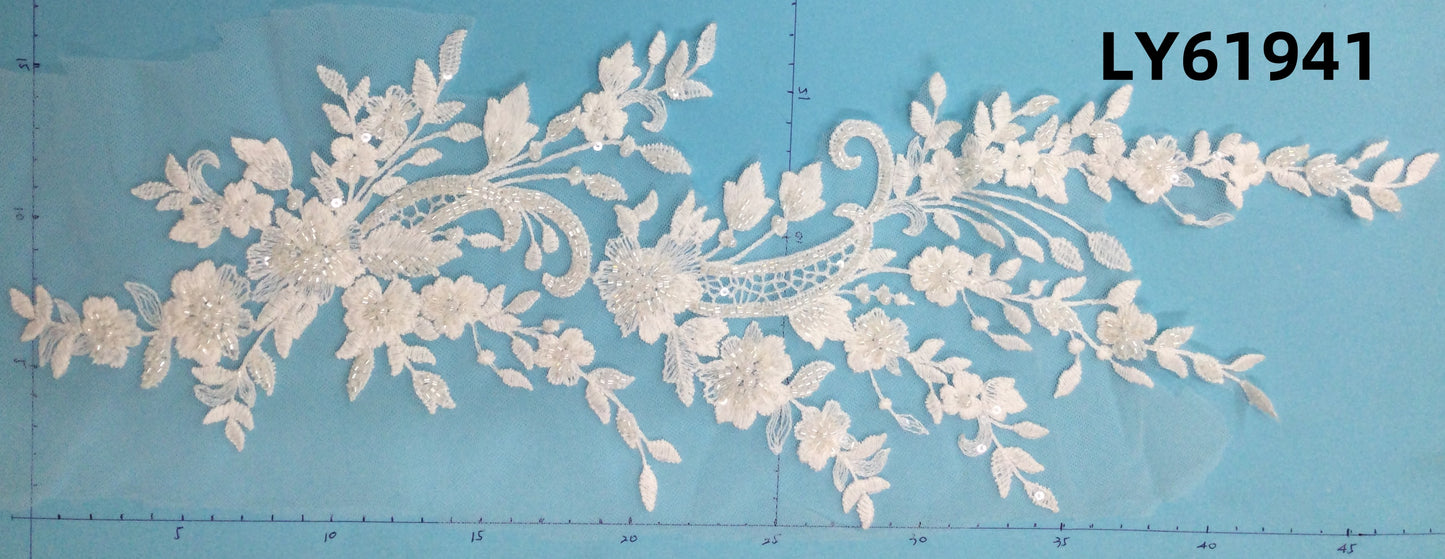 LY61941 Symmetrical Bead-Embroidered Floral Lace Appliqué Pair | for Wedding Dress DIY | 49x17cm