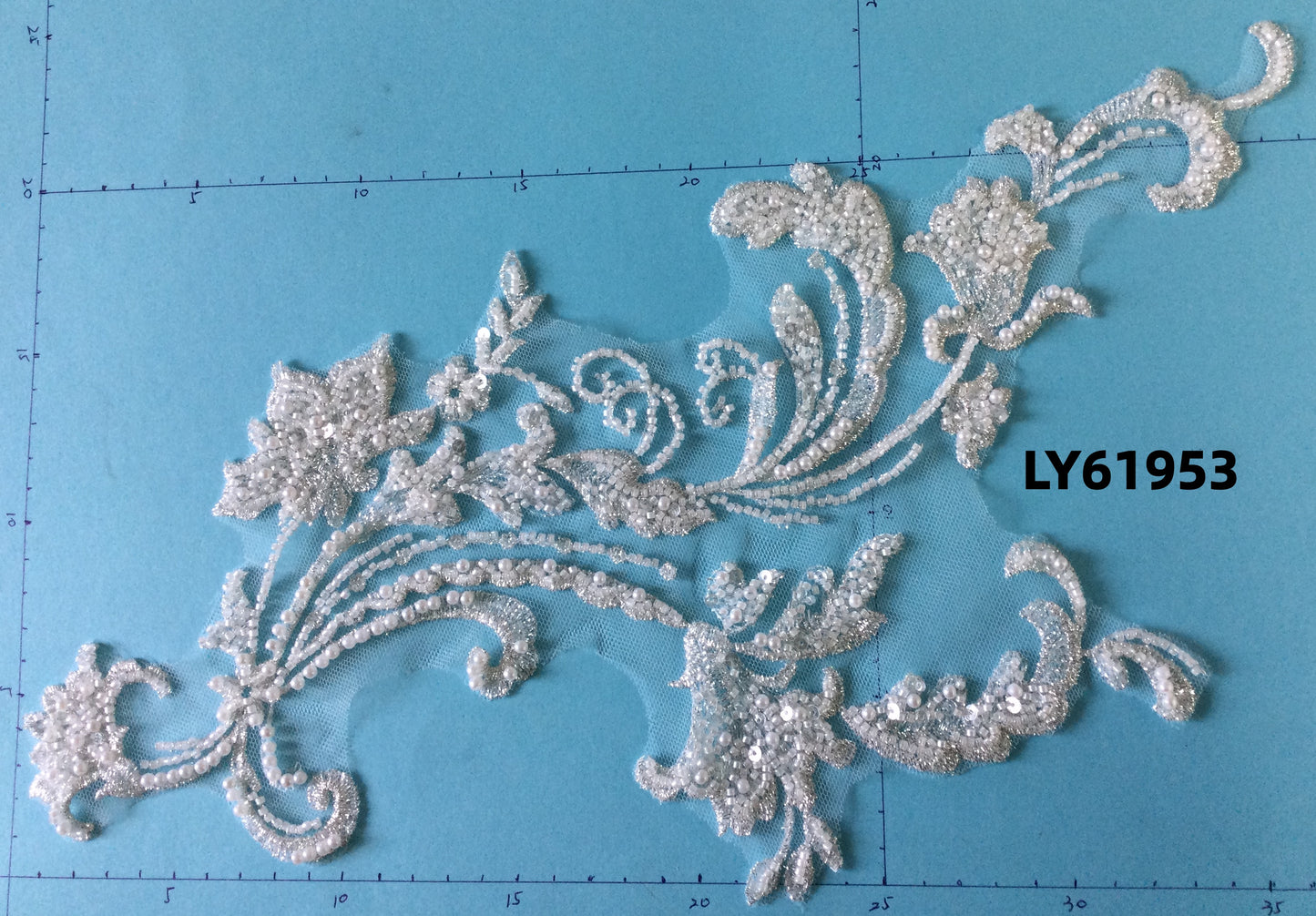 LY61953 Symmetrical Bead-Embroidered Floral Lace Appliqué Pair | for Wedding Dress DIY | 36x25cm
