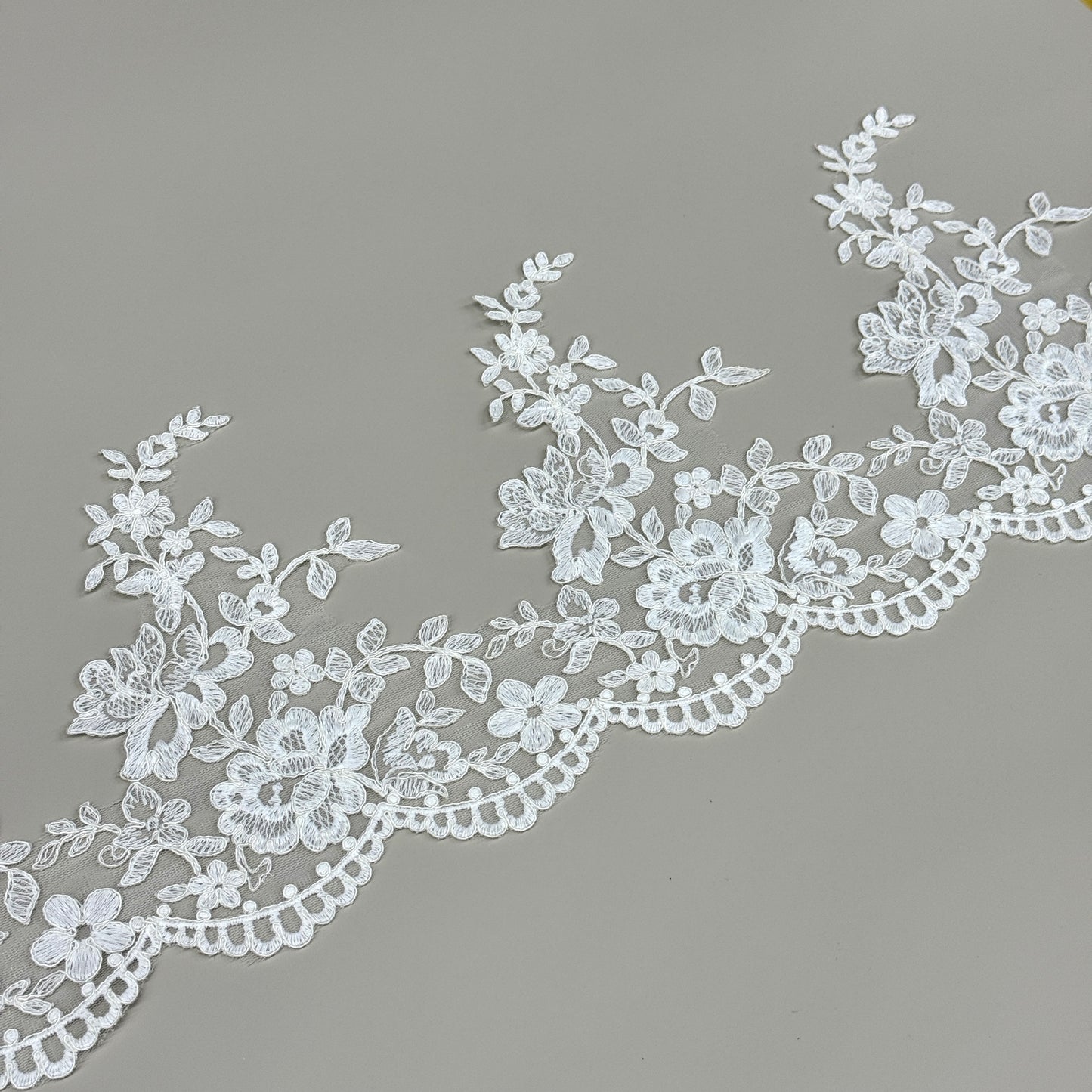 LY81001 Boning Floral Embroidered Lace Appliqué | Raised Stem Stitch Detail for Wedding Dress & Couture DIY | 19cm width