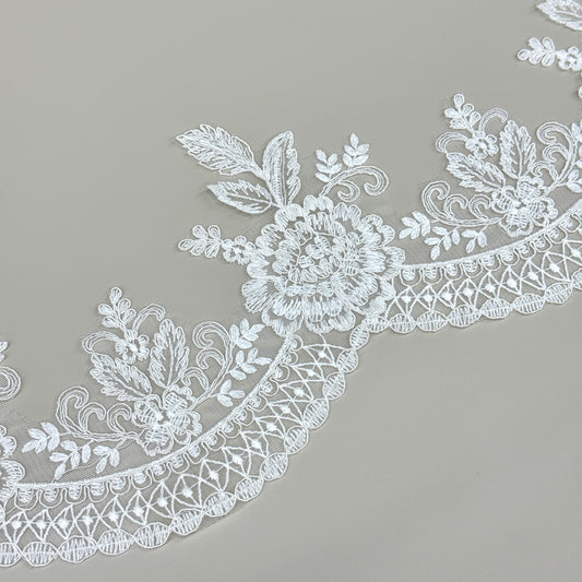LY81010 Boning Floral Embroidered Lace Appliqué | Raised Stem Stitch Detail for Wedding Dress & Couture DIY | 15cm width