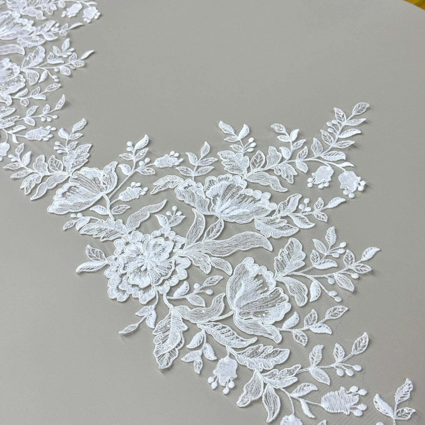 LY81373 Boning Embroidered Lace Appliqué With Sequins | Raised Stem Stitch Detail for Wedding Dress & Couture DIY | 30cm width