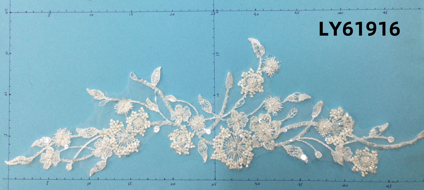 LY61916 Symmetrical Bead-Embroidered Floral Lace Appliqué Pair | for Wedding Dress DIY | 50x17cm