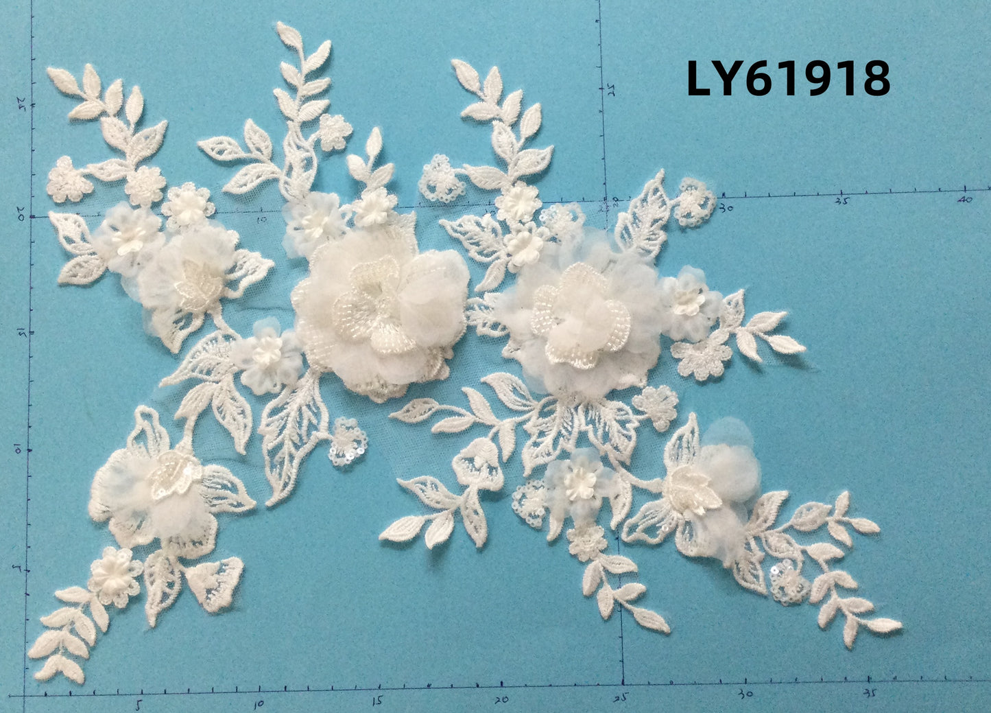 LY61918 3D Beaded Floral Lace Appliqué Pair | Symmetrical Puff Embroidery for Wedding Dress DIY | 36x29cm