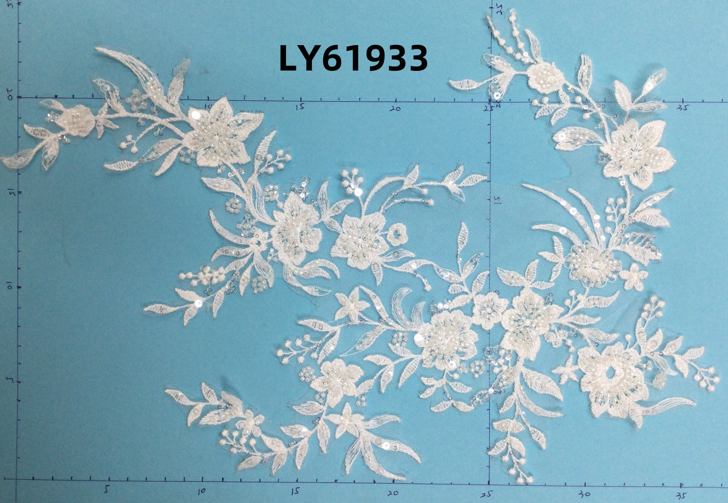 LY61933 Symmetrical Bead-Embroidered Floral Lace Appliqué Pair | for Wedding Dress DIY | 37x25cm