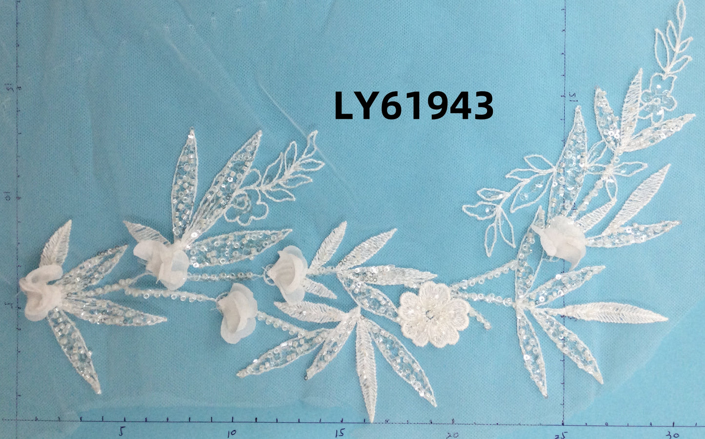 LY61943 3D Beaded Floral Lace Appliqué Pair | Symmetrical Puff Embroidery for Wedding Dress DIY | 31x20cm