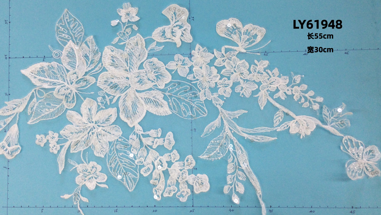 LY61948 Symmetrical Bead-Embroidered Floral Lace Appliqué Pair | for Wedding Dress DIY | 50x28cm