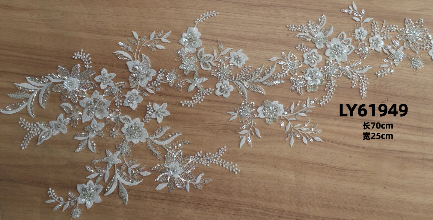 LY61949 Symmetrical Bead-Embroidered Floral Lace Appliqué Pair | for Wedding Dress DIY | 70x25cm