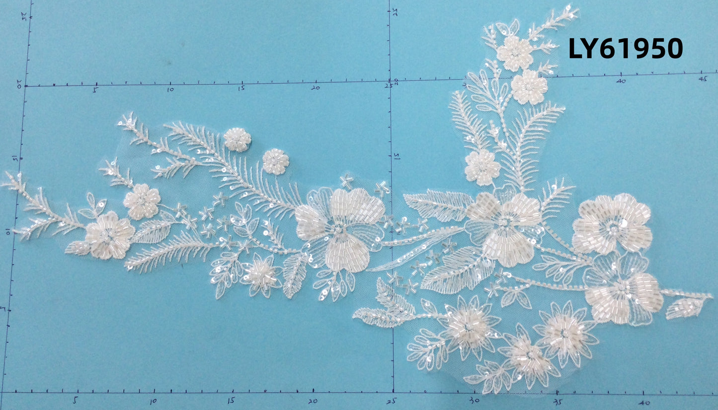 LY61950 Symmetrical Bead-Embroidered Floral Lace Appliqué Pair | for Wedding Dress DIY | 45x25cm