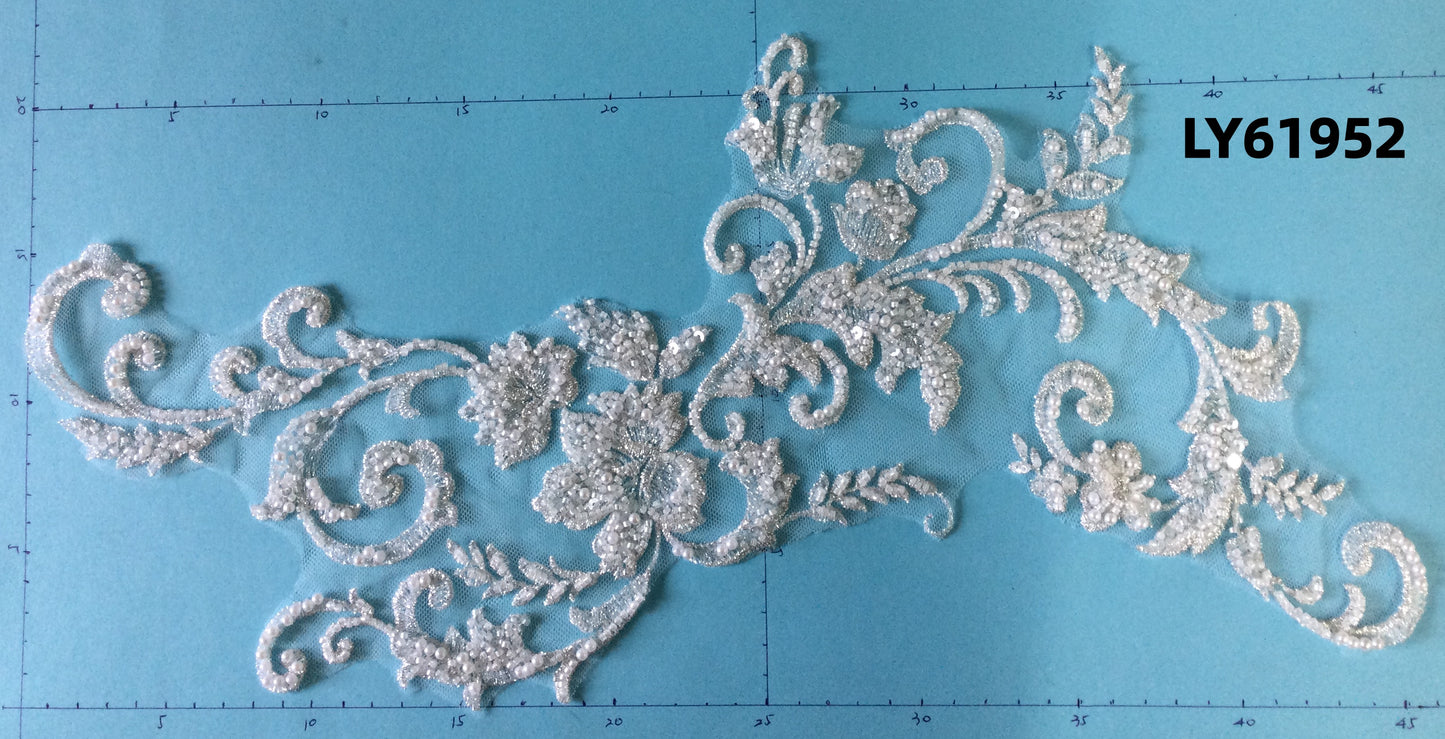 LY61952 Symmetrical Bead-Embroidered Floral Lace Appliqué Pair | for Wedding Dress DIY | 46x22cm