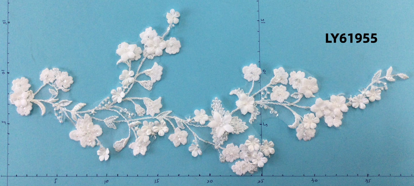 LY61955 3D Beaded Floral Lace Appliqué Pair | Symmetrical Puff Embroidery for Wedding Dress DIY | 39x16cm