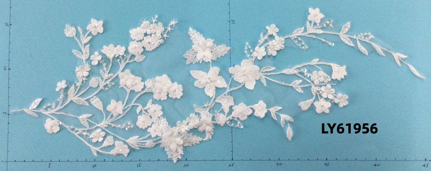 LY61956 3D Beaded Floral Lace Appliqué Pair | Symmetrical Puff Embroidery for Wedding Dress DIY | 45x17cm