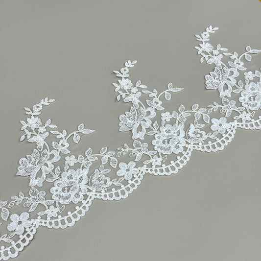 LY81001 Boning Floral Embroidered Lace Appliqué | Raised Stem Stitch Detail for Wedding Dress & Couture DIY | 19cm width