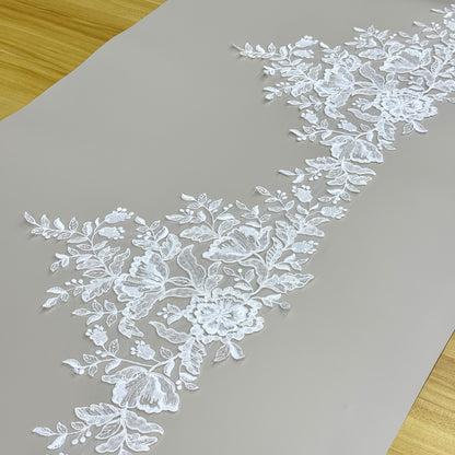 LY81373 Boning Embroidered Lace Appliqué With Sequins | Raised Stem Stitch Detail for Wedding Dress & Couture DIY | 30cm width