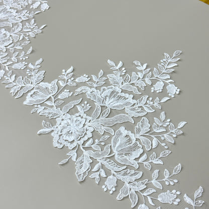 LY81373 Boning Embroidered Lace Appliqué With Sequins | Raised Stem Stitch Detail for Wedding Dress & Couture DIY | 30cm width