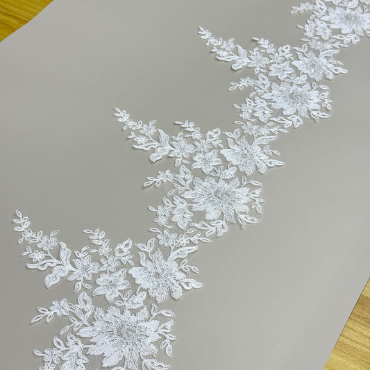LY81374 Boning Embroidered Lace Appliqué With Sequins | Raised Stem Stitch Detail for Wedding Dress & Couture DIY | 27cm width