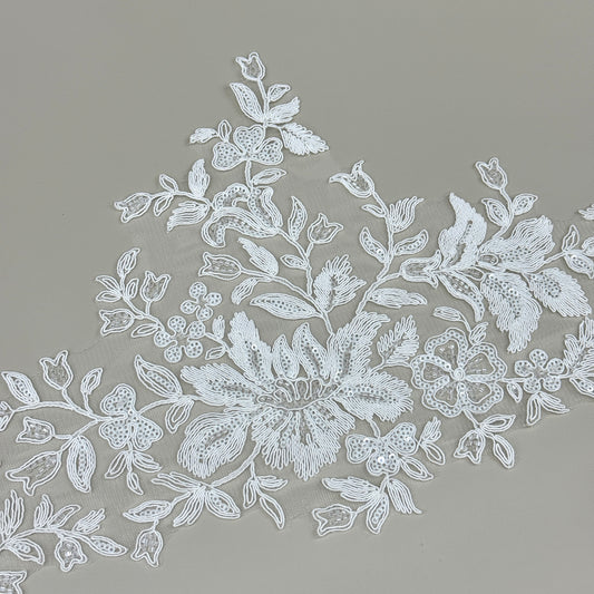 LY81376 Boning Embroidered Lace Appliqué With Sequins | Raised Stem Stitch Detail for Wedding Dress & Couture DIY | 25cm width
