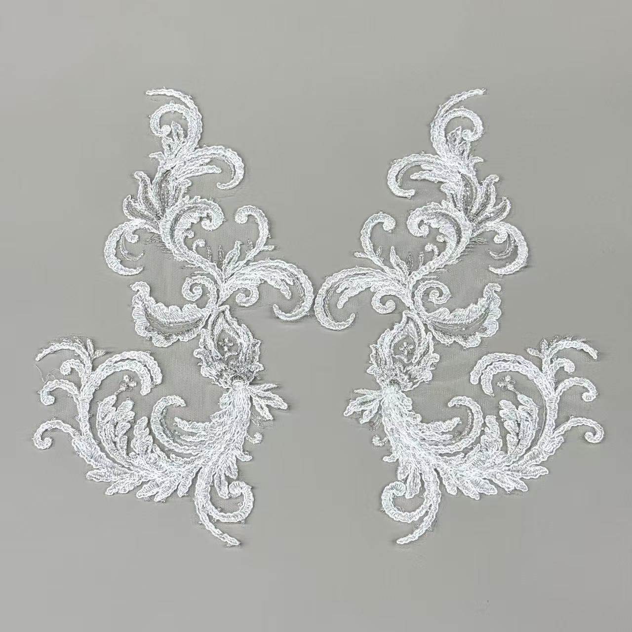 LY82368 Silver Thread Beaded Floral Appliqué | Raised Stem Stitch Embroidery for Wedding Dress & Couture DIY | 26x16cm