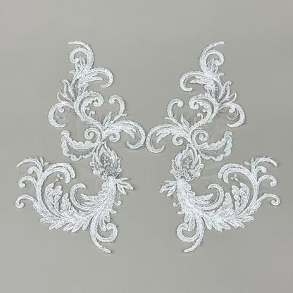 LY82368 Silver Thread Beaded Floral Appliqué | Raised Stem Stitch Embroidery for Wedding Dress & Couture DIY | 26x16cm