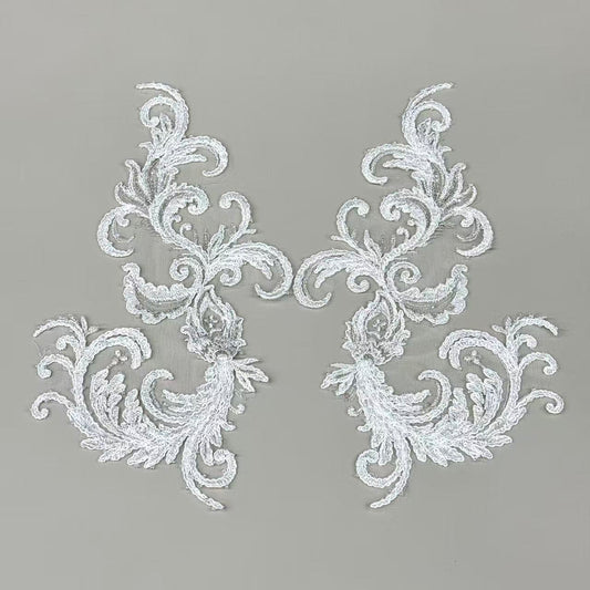 LY82368 Silver Thread Beaded Floral Appliqué | Raised Stem Stitch Embroidery for Wedding Dress & Couture DIY | 26x16cm
